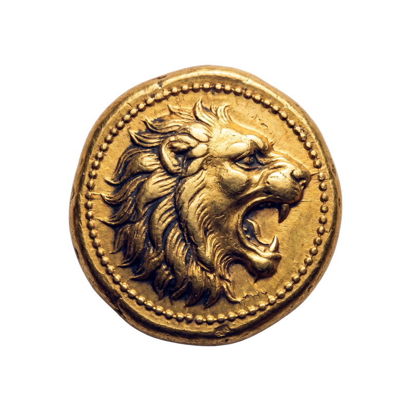 Ancient Lydian electrum stater, circa 610 BC, a roaring lion head in gold relief