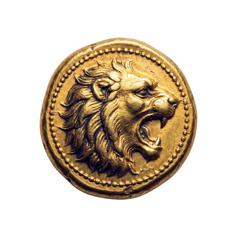Ancient Lydian electrum stater, circa 610 BC, a roaring lion head in gold relief